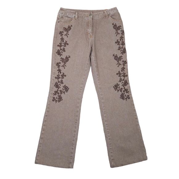 Vintage 90s Jeanology embroidered brown denim mid rise flare jeans 8 - Picture 1 of 5